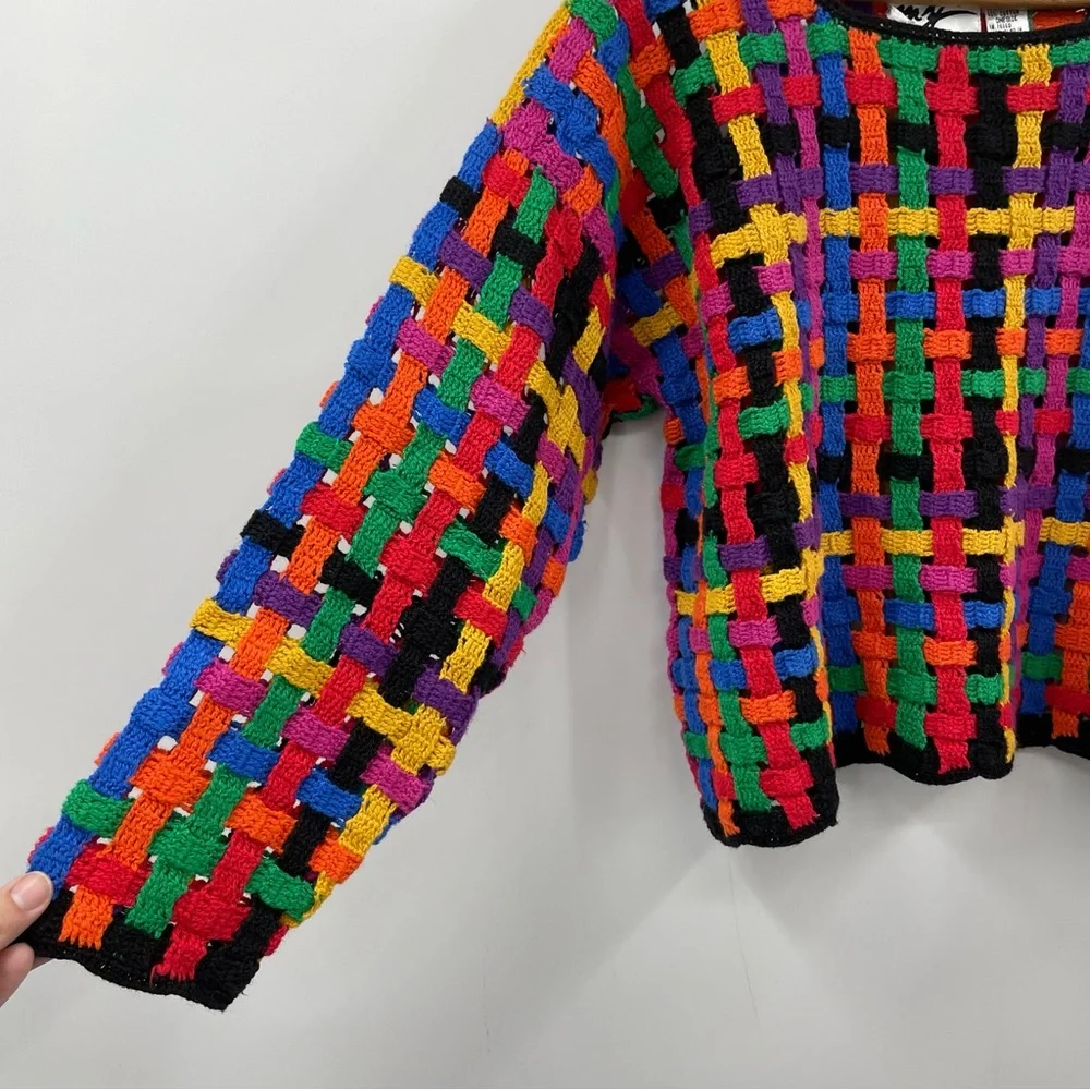 VTG my Rainbow Crochet Open Knit Cropped Sweater M L - Picture 3 of 7